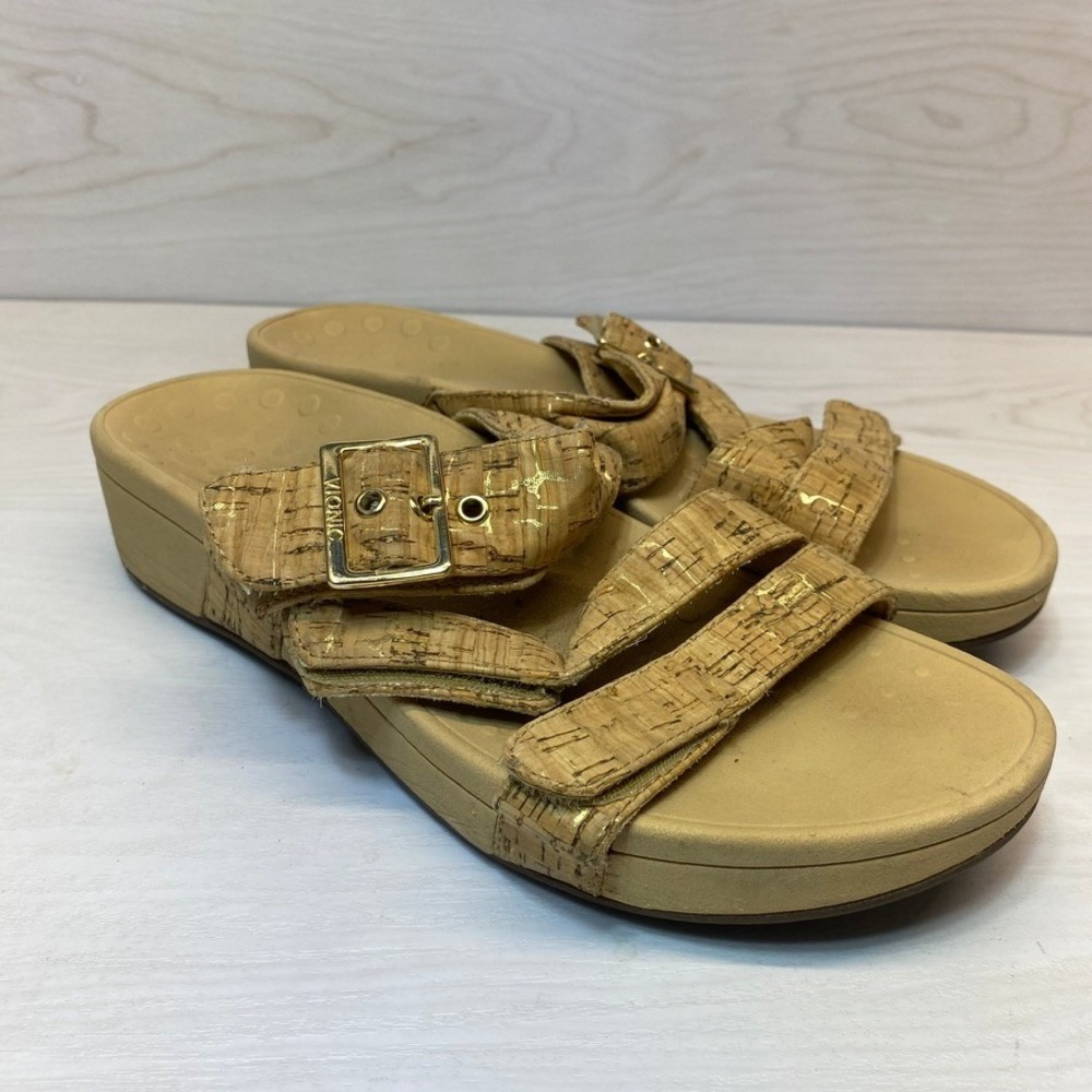 Vionic Womens 10 Rio Platform Sandals Cork Gold Metallic Orthotic Slides Boho